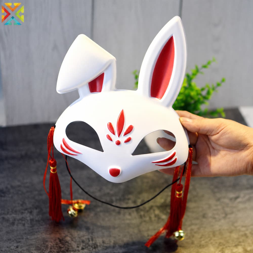 Meia Face Coelho Máscara De Plástico Borla Vermelha Sinos Dourados Para Crianças Adolescentes Halloween Masquerade Cospl