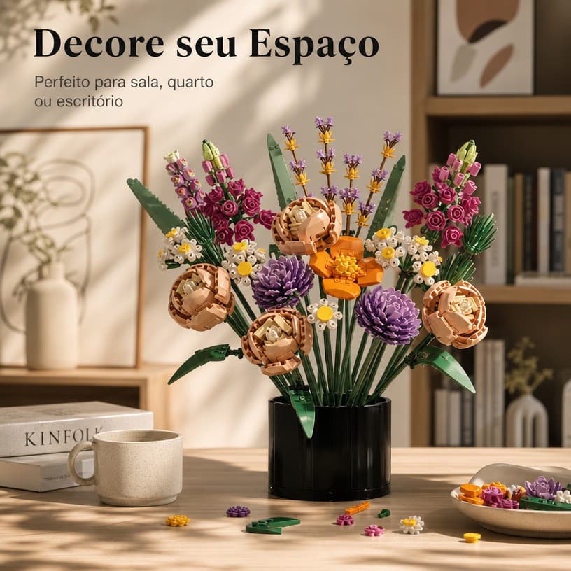 Conjunto Buquê de Flores em Blocos 756 Peças com Hastes Ajustáveis para Decoração 18+