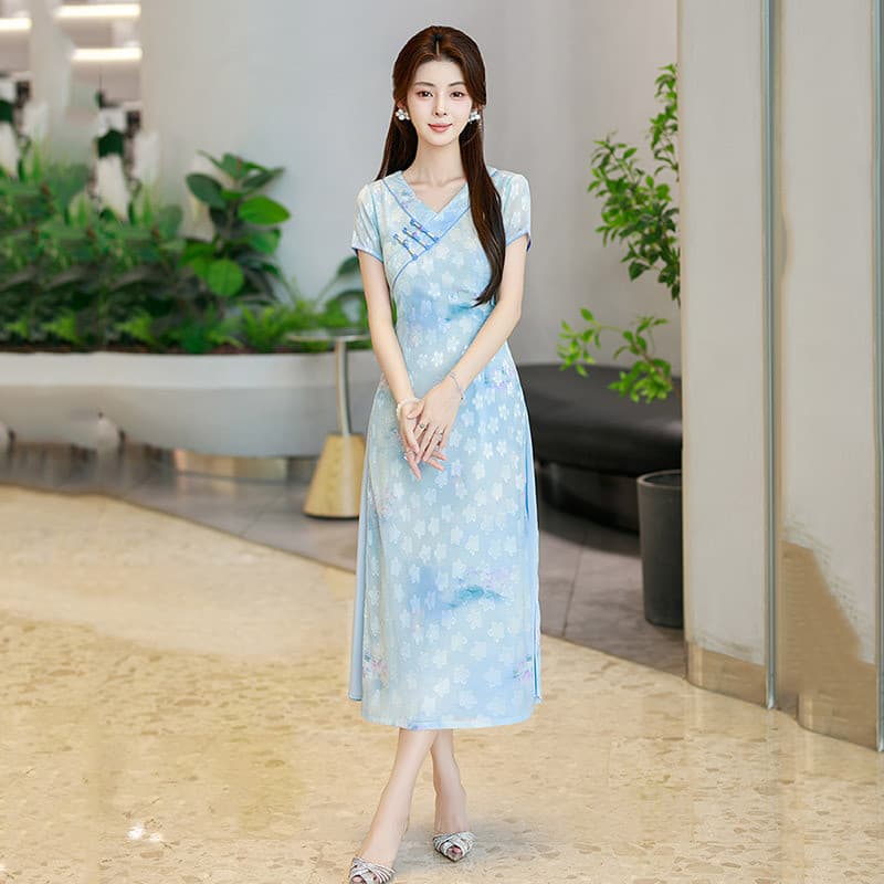 Pescoço baixo moderno com decote em v estilo nacional novo estilo chinês longo Cheongsam melhorado jovem vestido retrô f