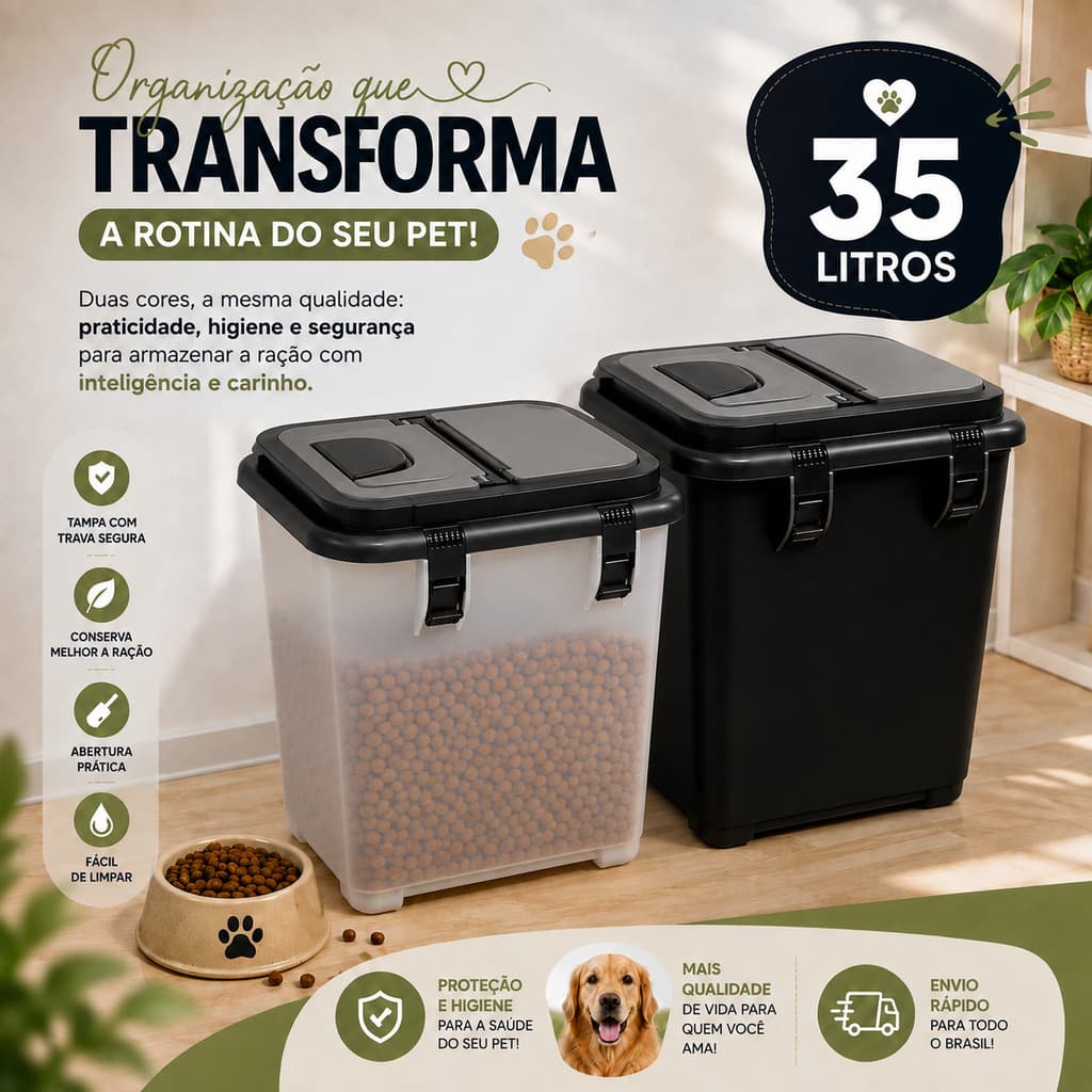 Contêiner Porta Ração 15KG 35 Litros Ração de Cachorro Gato