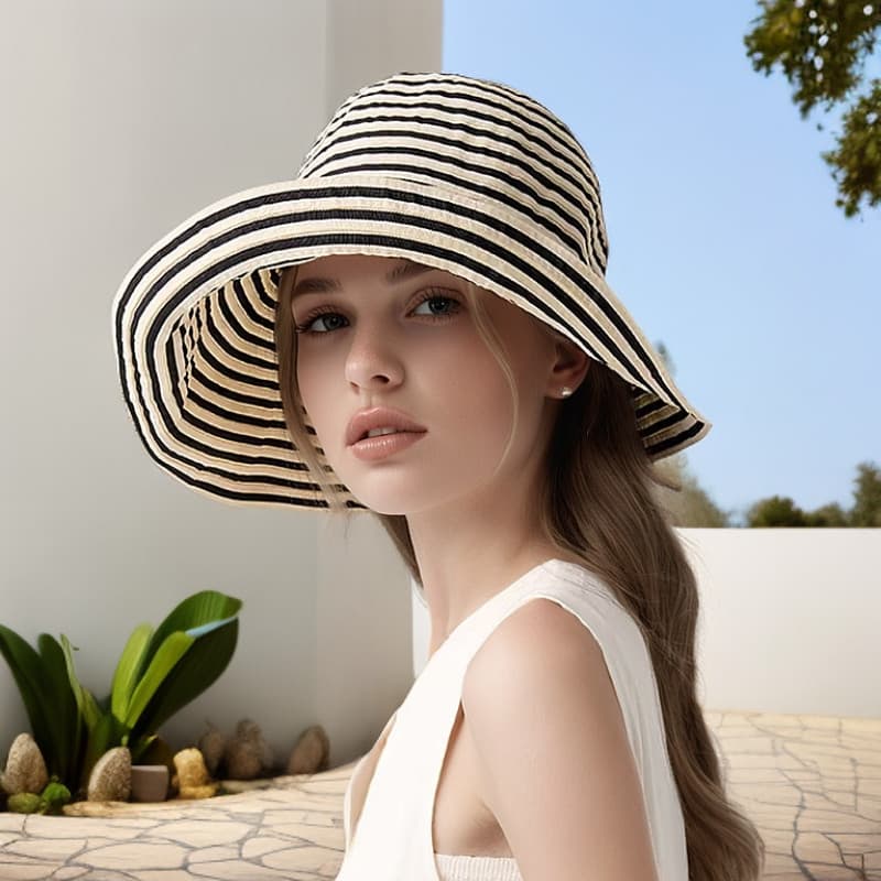Chapéu balde feminino verão novo estilo All-Match chapéu de sol aba grande listras dobráveis capa rosto chapéu de sol ch