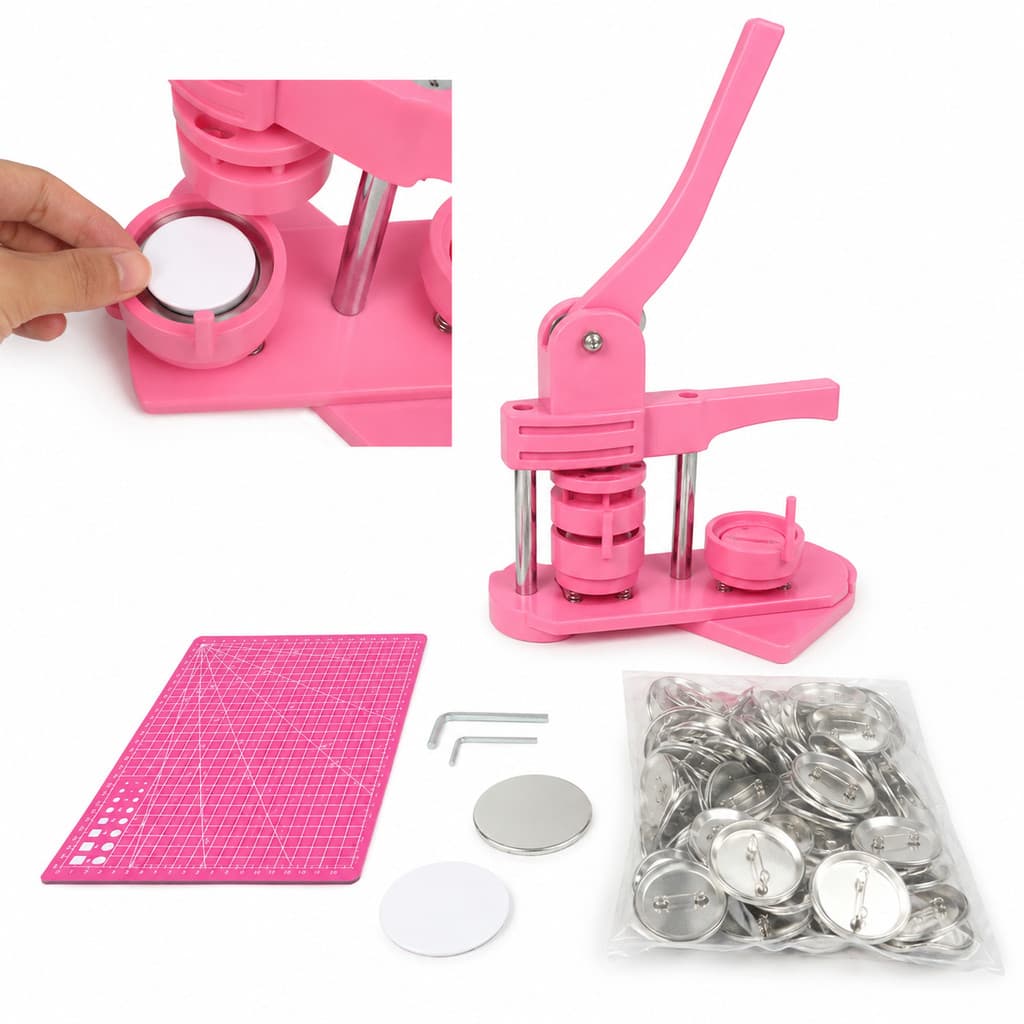 Kit Máquina Manual de Fazer Bottons 44mm com Matriz Rotacional, Cortador, Base A5 e Kit Bottons