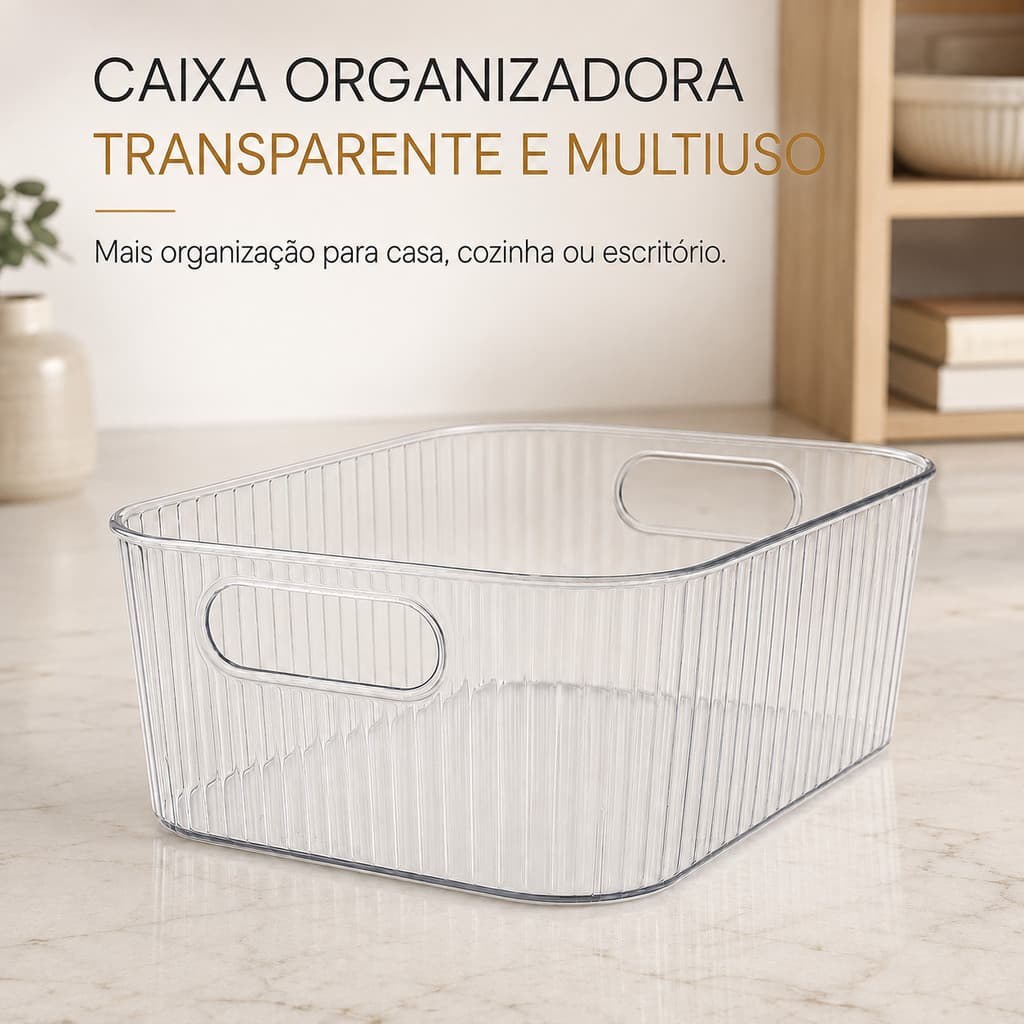 Caixa Organizadora Porta Objetos Transparente Multiuso com Alças e Design Canelado