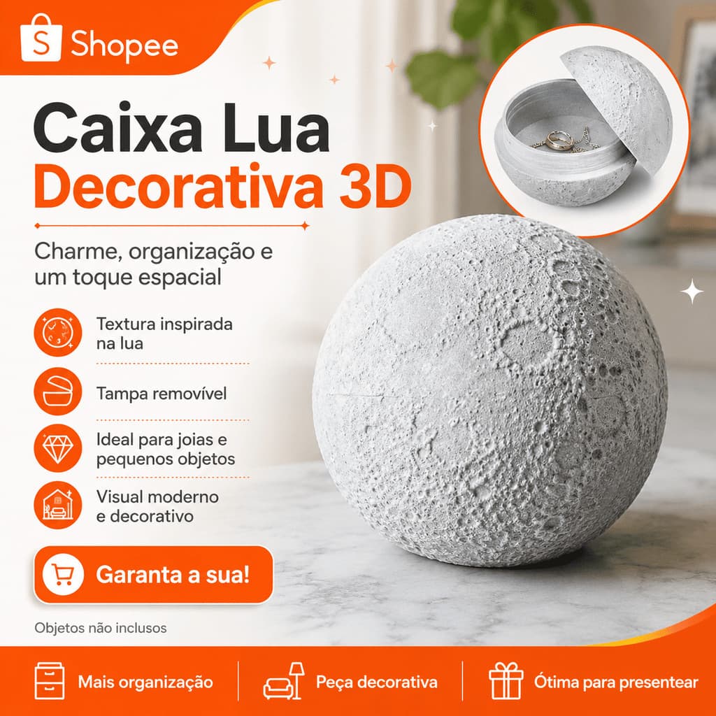 Porta-Joias Lua 3D com Tampa Caixa Decorativa Lunar para Joias e Pequenos Objetos.