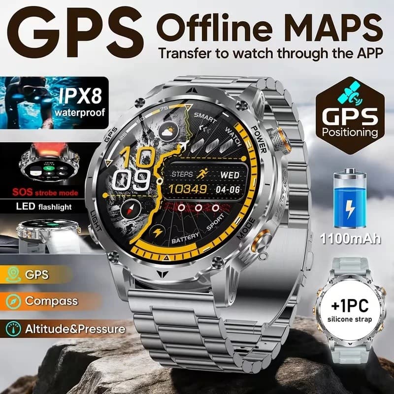Relógio Esportivo Ao Ar Livre HD GPS 2026smart De 1.7', Com 1100mAh . Lanterna LED Dupla Vermelha-Branca , Bússola , Alt