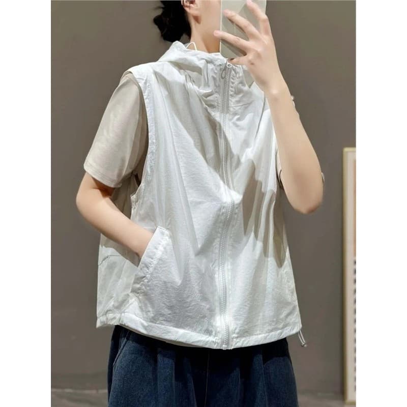 Plus Size feminino solto com capuz colete feminino primavera 2026 novo estilo All-Match moda cor sólida protetor solar r