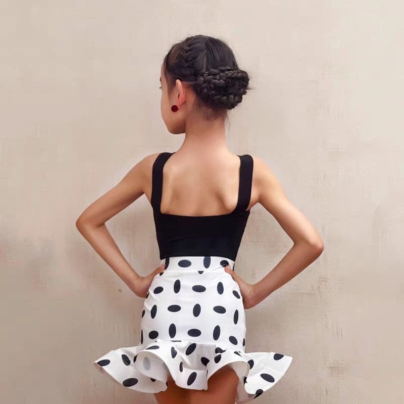 Crianças dança latina preto branco bolinhas bonito espinha de peixe prática meninas dança desempenho 8.18