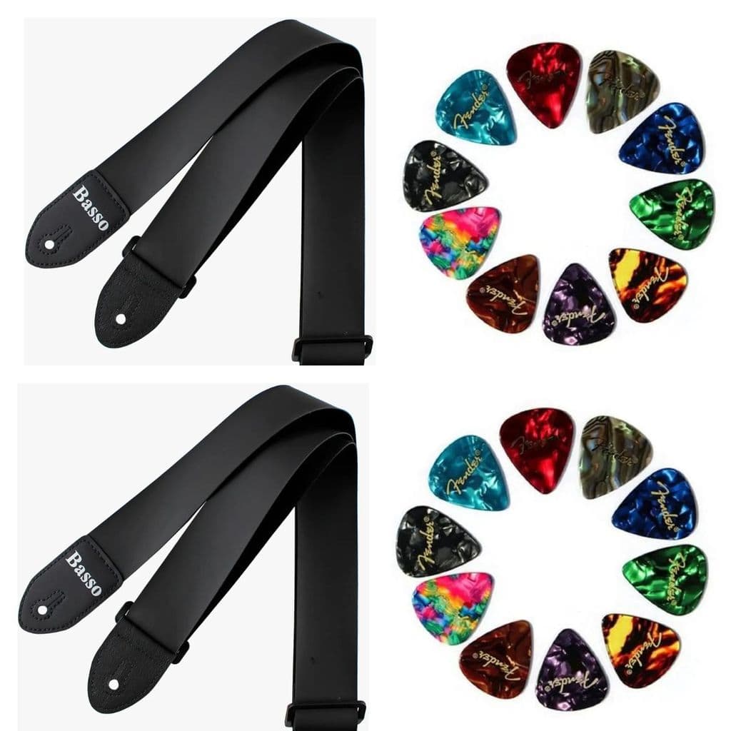 Kit 2 Correia   Basso Violão Couro Sintético  + 20 Palhetas