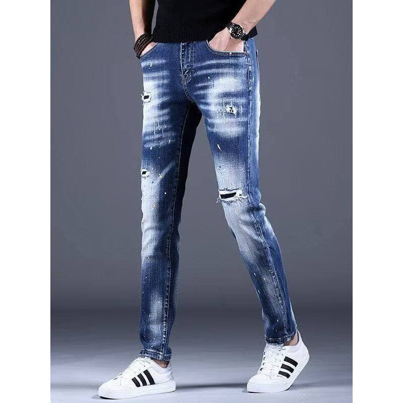 2026 novo estilo masculino rasgado Jeans outono novo estilo calças casuais rufião bonito Street Wear magro-ajuste pés pe