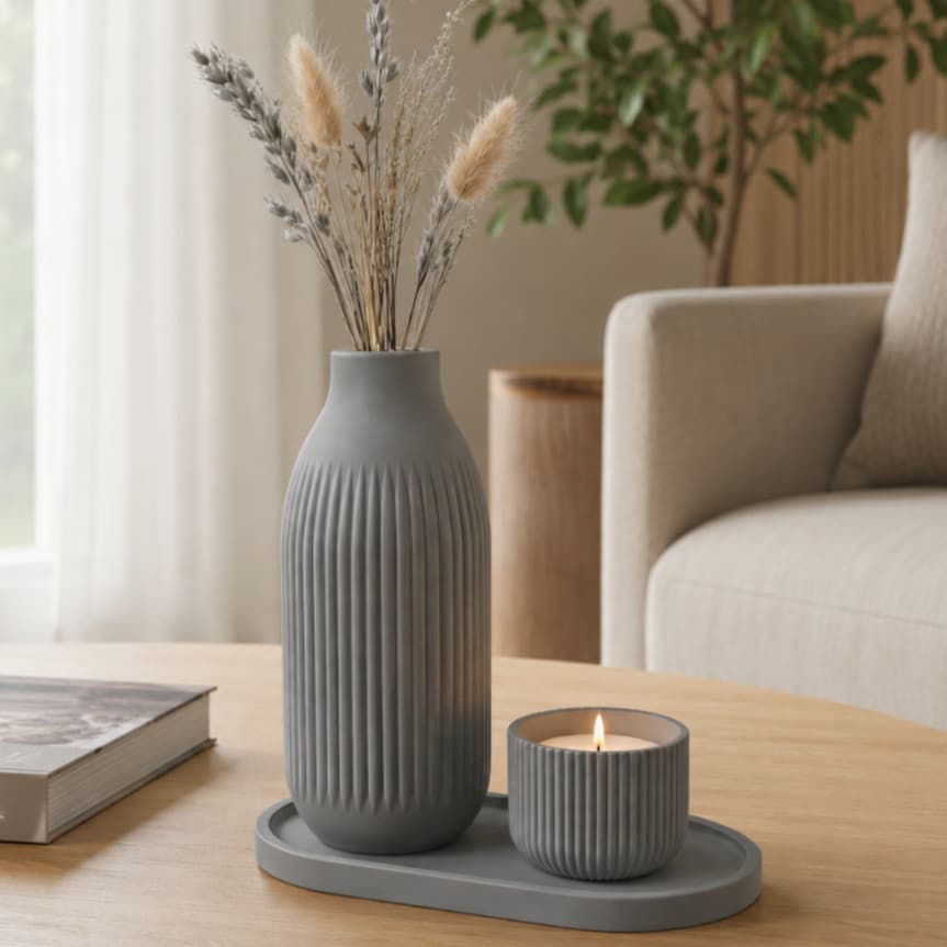 Kit Decorativo 3 Peças Bandeja +Vaso+Porta Vela 3D, para Sala Quarto Lavabo Aparador | Decoração Moderna Elegante