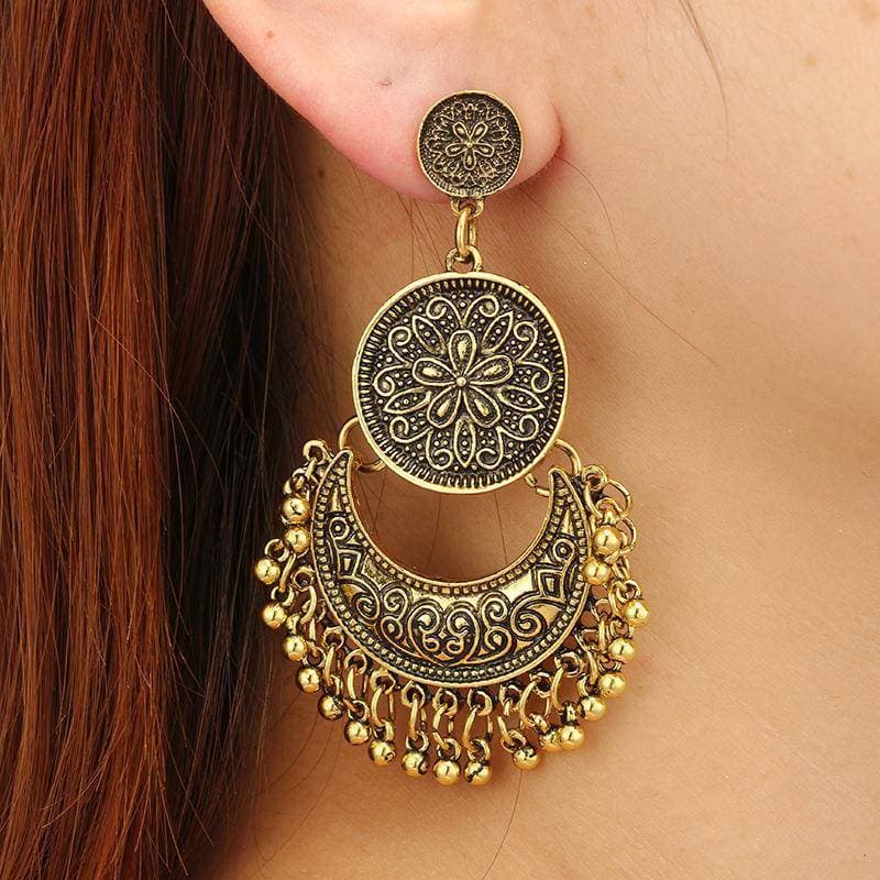 Brincos de borla de prata Vintage crescente esculpido sinos jhumka brincos de viagem acessórios combinando