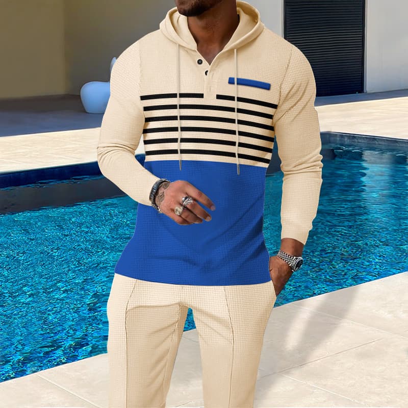 [Venda quente] Conjunto de moletom masculino com capuz e manga comprida com bloqueio de cores, pulôver Waffle, calças ca