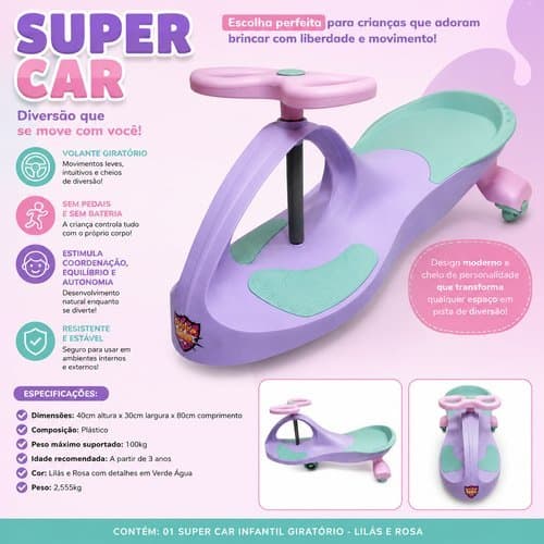 Carrinho Rolimã Infantil Super Car Lilás Rosa Seguro Divertido Criancas Brinquedo
