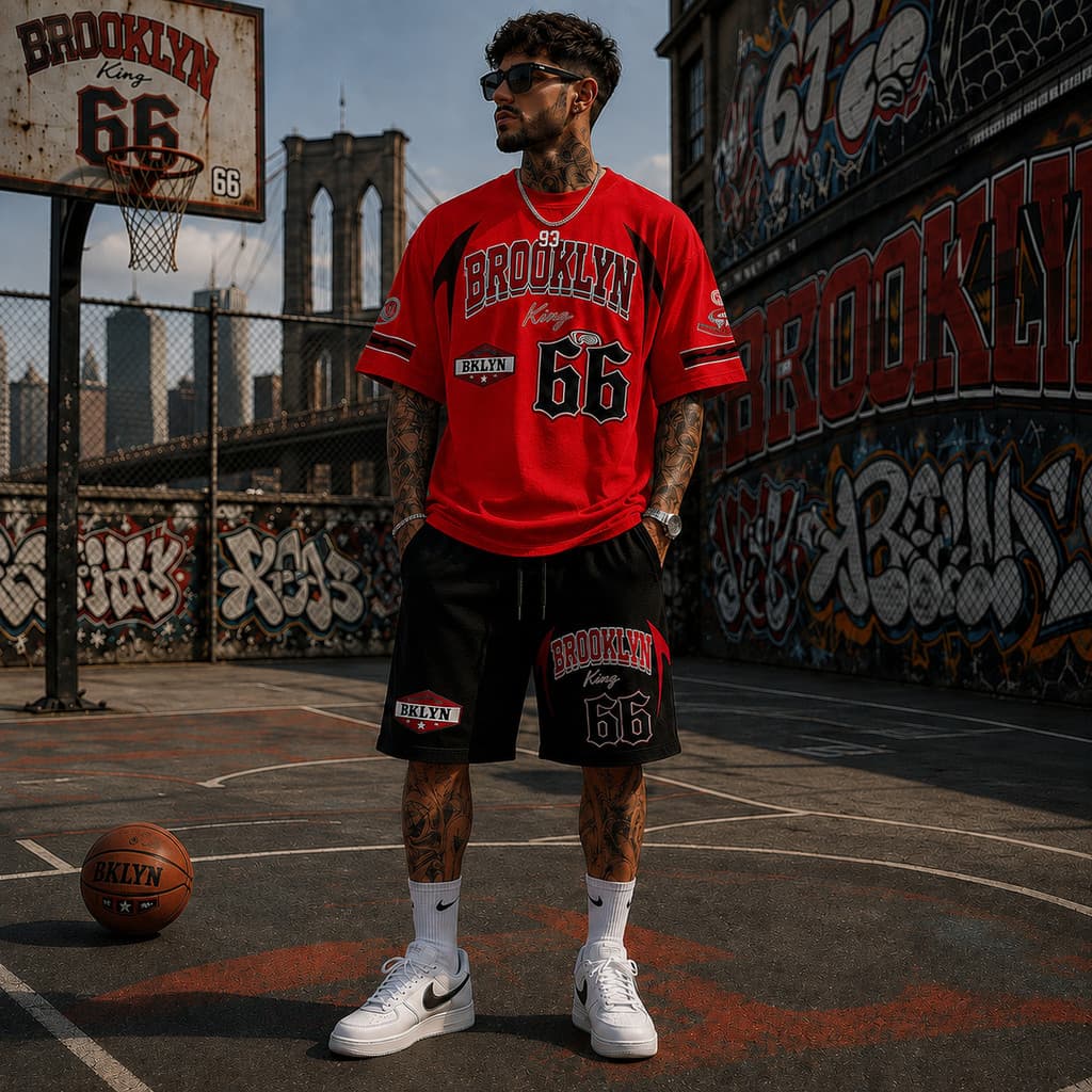 Kit Masculino Camisa Algodão com Bermuda Short Moletom Brooklyn 66 Streetwear Estampado Y2K