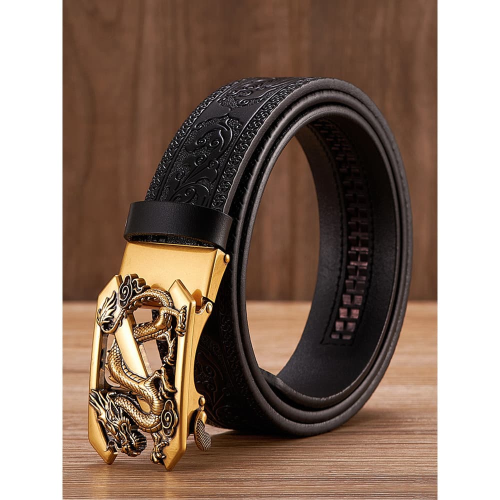Masculino Z Dragão Fivela Automática de Duas Camadas de Couro em Relevo Cinto Estilo Étnico Tang Grama Padrão Esculpido