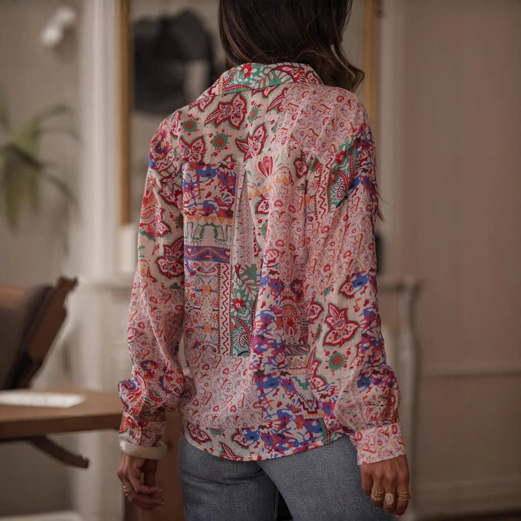 Tecido de gelo de seda estilo fino-ajuste legal novo estilo 2025 camisa quente escorregadio impresso topo manga longa eu
