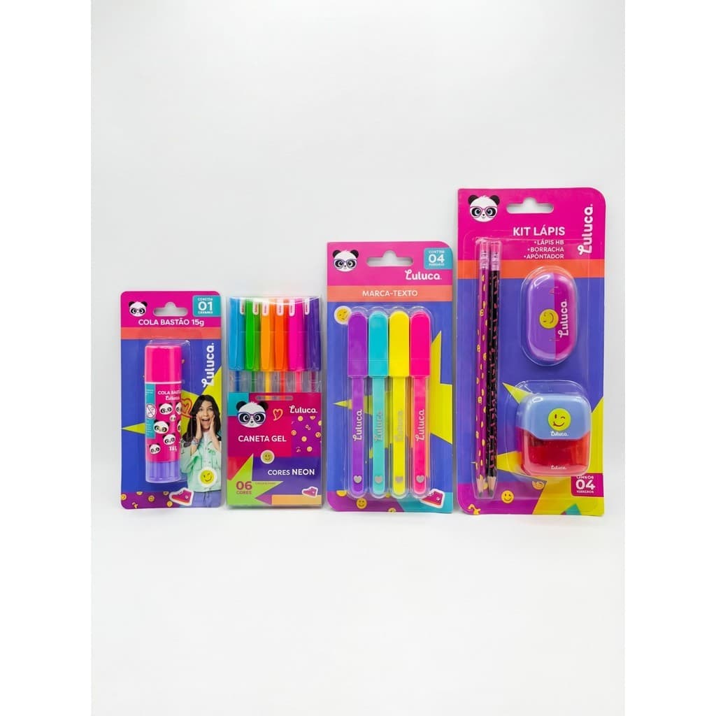Kit Escolar Luluca Completo 4 Itens | Cola Bastão + Canetas Gel Neon + Marca Texto + Kit Lápis