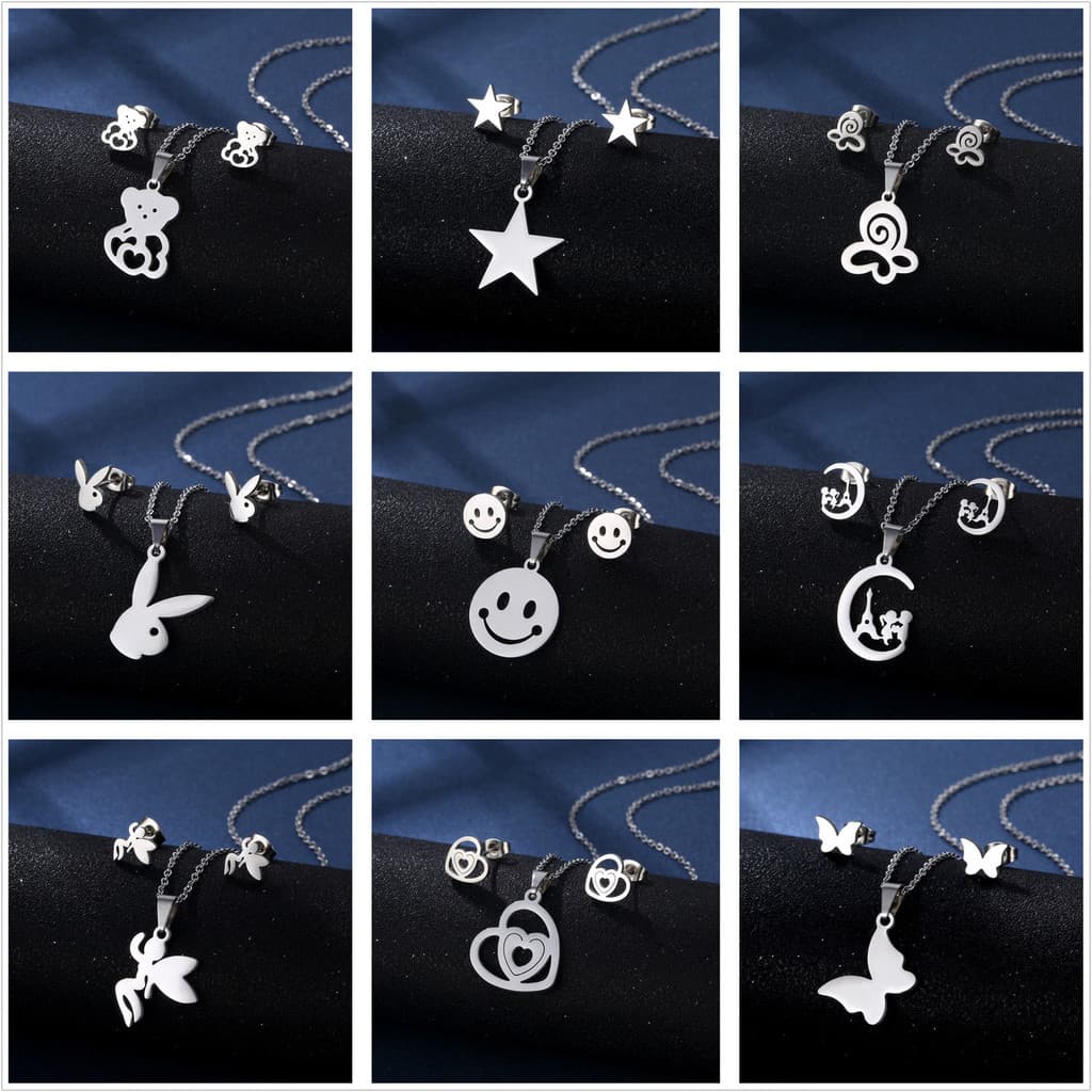 Conjunto de brincos de colar de aço inoxidável atacado moda sul-americana geométrica simples amor brilhante conjunto de