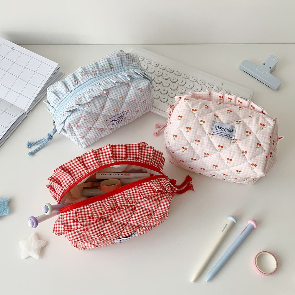 Bolsa de Armazenamento com Padrão de Cerejas Altamente Atraente para Estudantes, Bolsa de Papelaria de Grande Capacidade