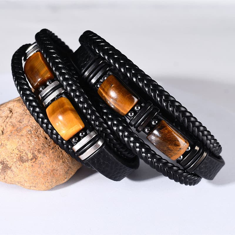 Europeu americano Cross-Border venda quente tigre olho pedra pulseira masculina Multi-camada corda de couro pulseira de