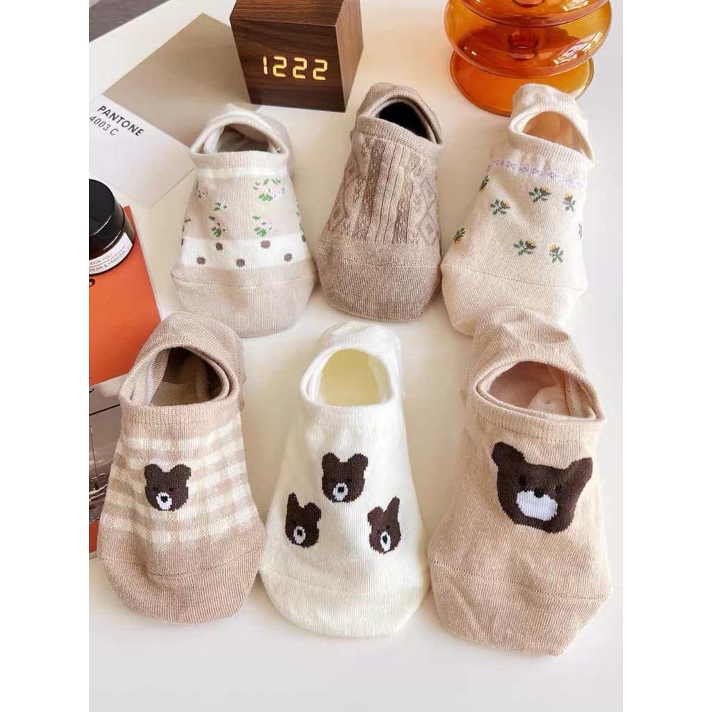 Verão estilo fino boca rasa invisível barco meias bonito dos desenhos animados japoneses urso meias femininas versão cor