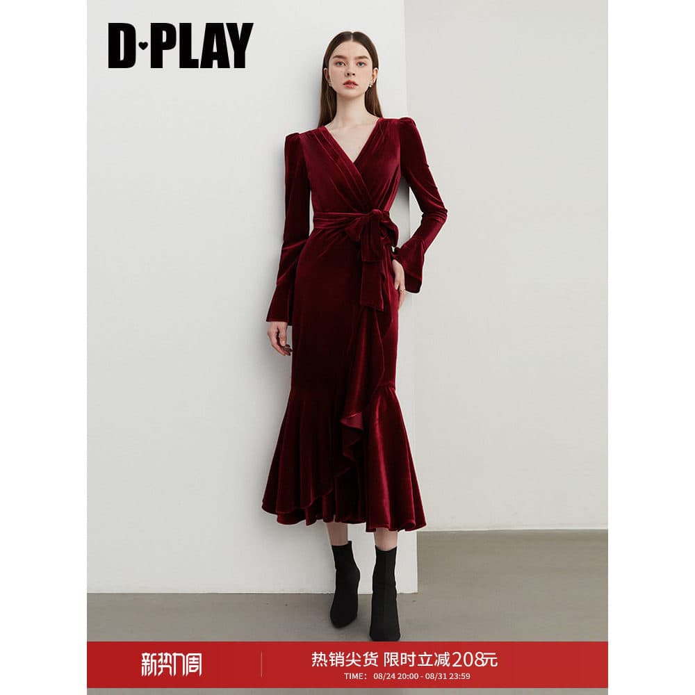 DPLAY Outono Novo Estilo Vestido Vermelho Francês Veludo Saia Rabo de Peixe Saia Longa Vestido Estilo Corredor