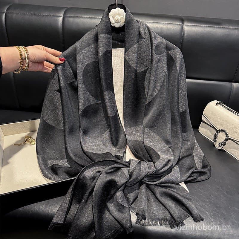 2025 Novo Cachecol Feminino Elegante e Moderno, Cachecol Longo Estampado Versátil, Cachecol de Seda Sintética, Xale Prot