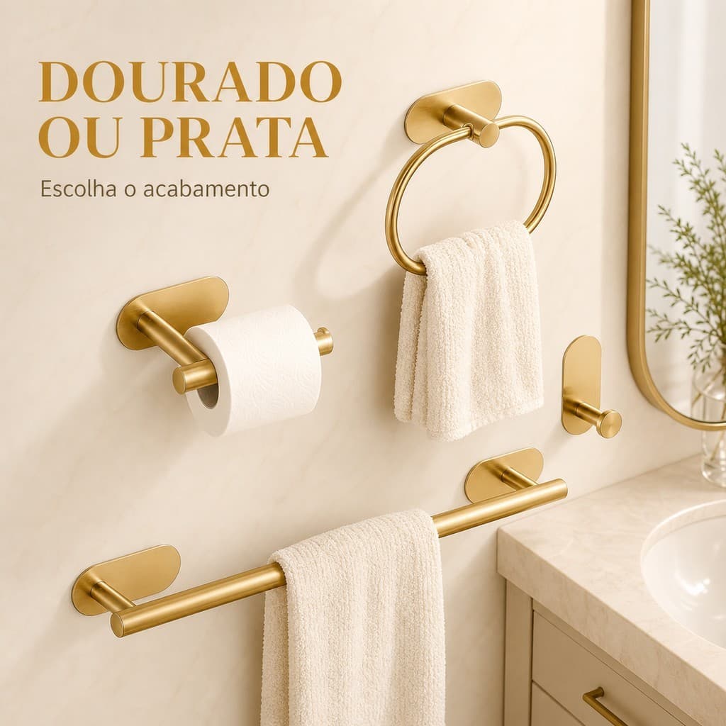 Conjunto de Banheiro com Toalheiro, Porta-Papel e Ganchos, Instalação Adesiva em Dourado ou Prata
