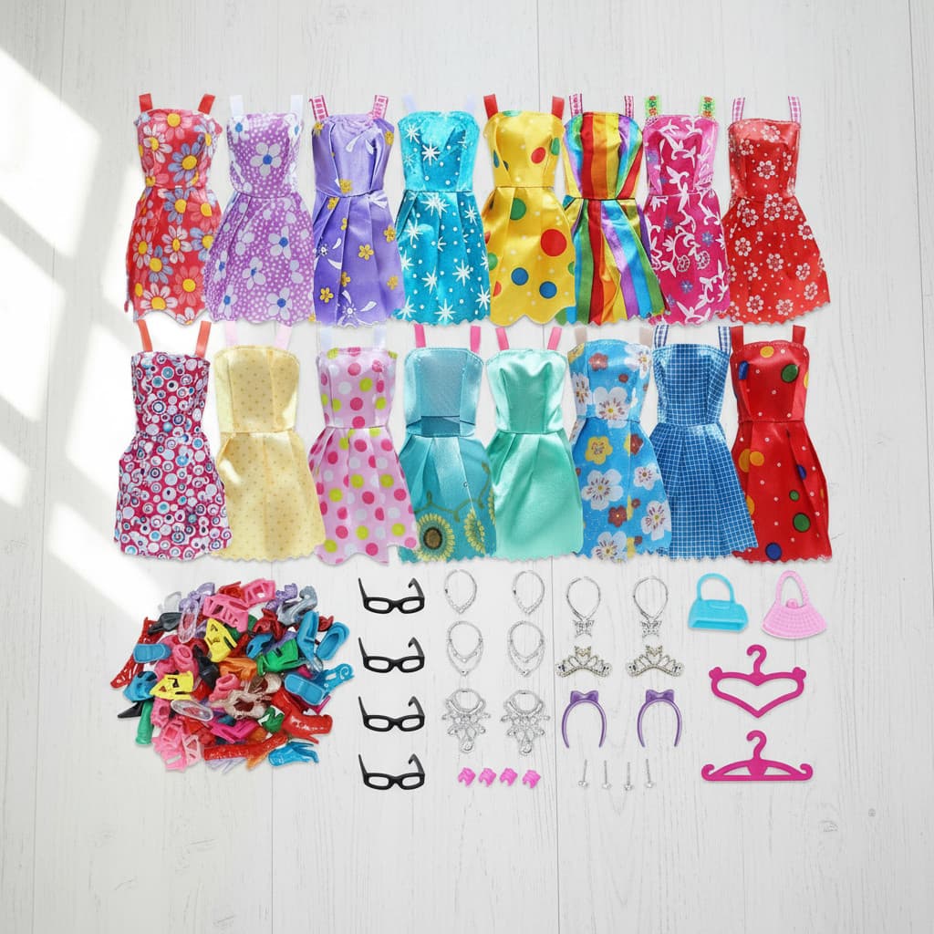 42 peças conjunto de acessórios para boneca: sapatos, bolsas, vestidos, brinquedos e roupas para brincar com bonecas.
