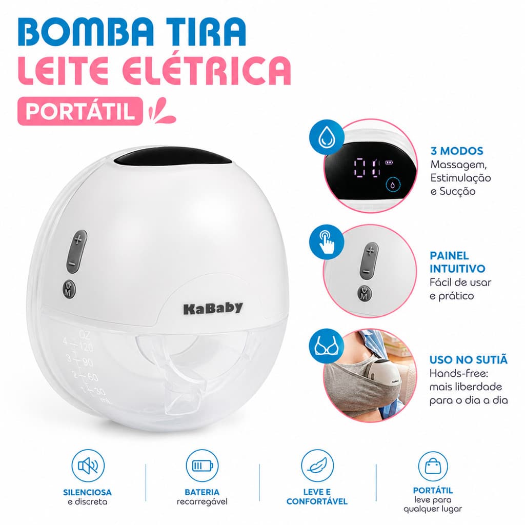 Bomba Tira Leite Elétrica Portátil Mãos Livres Recarregável 150ml KaBaby