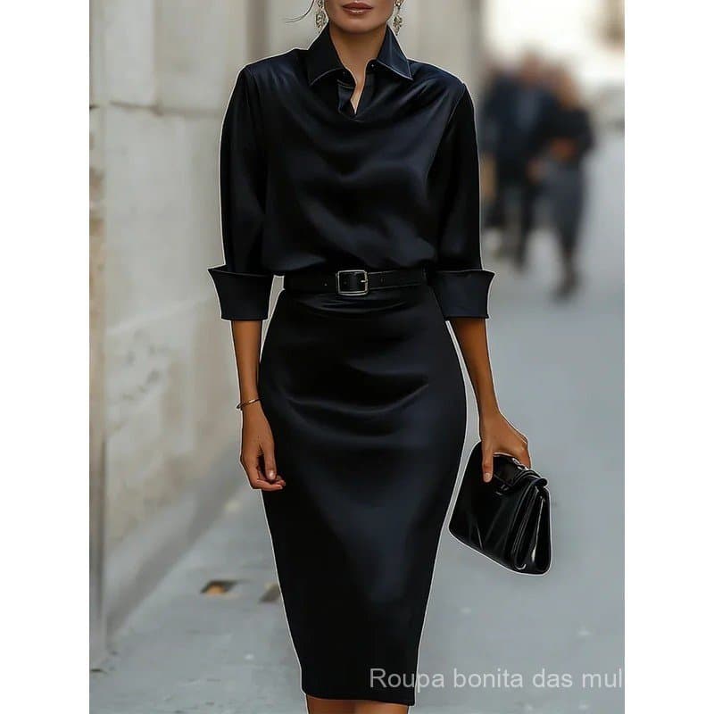 Vestido Midi Feminino Elegante de Cetim com Decote Drapeado, Manga Longa, Cinturado e Justo ao Corpo para Festa