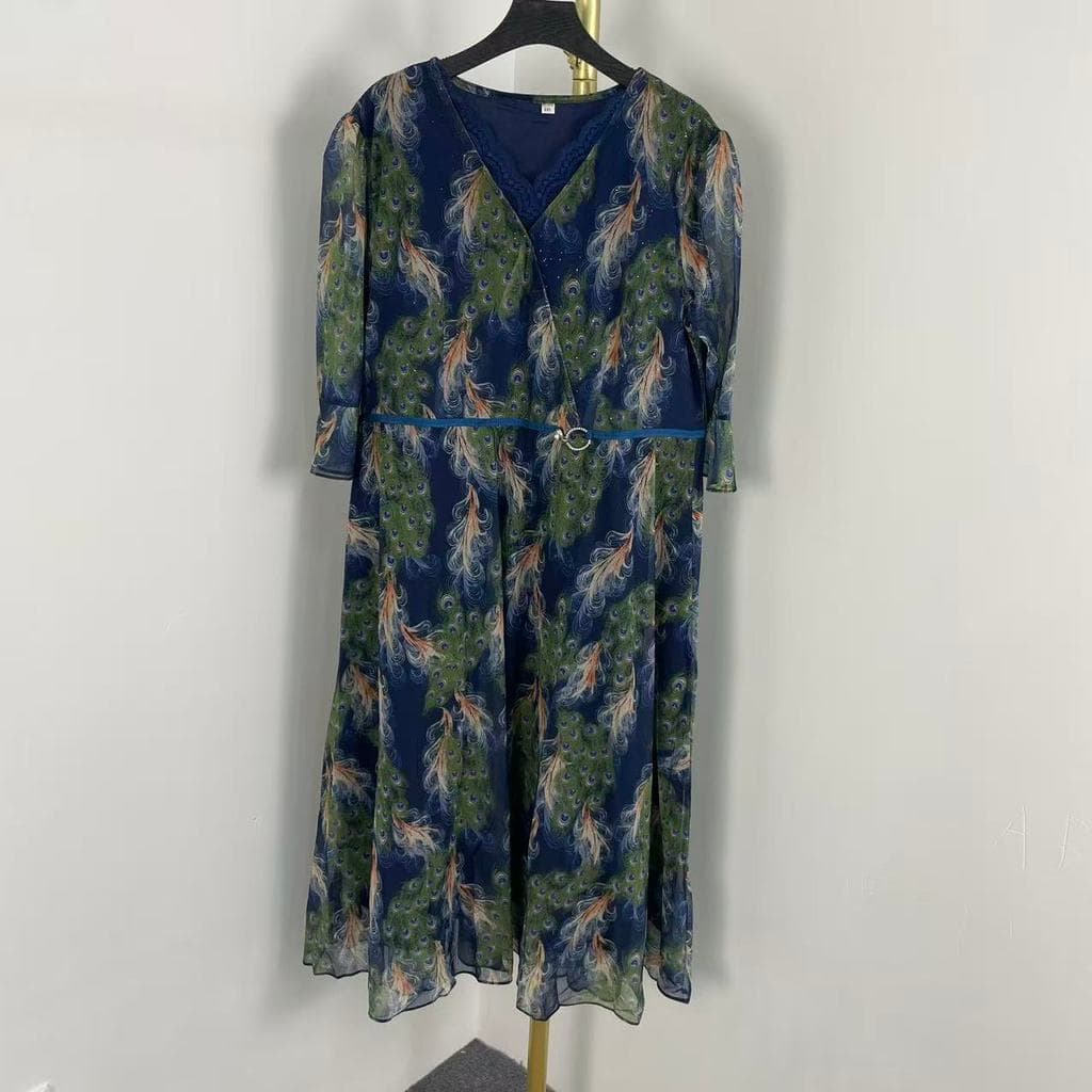 J3143 verão novo estilo vestido elegante estilo ocidental de meia-idade idosos verão feminino Chiffon Floral vestido lon