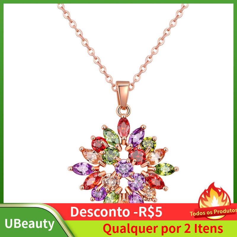 Colar de zircônia colorido para mulheres, colar feminino elegante com pingente floral, acessórios para o Natal