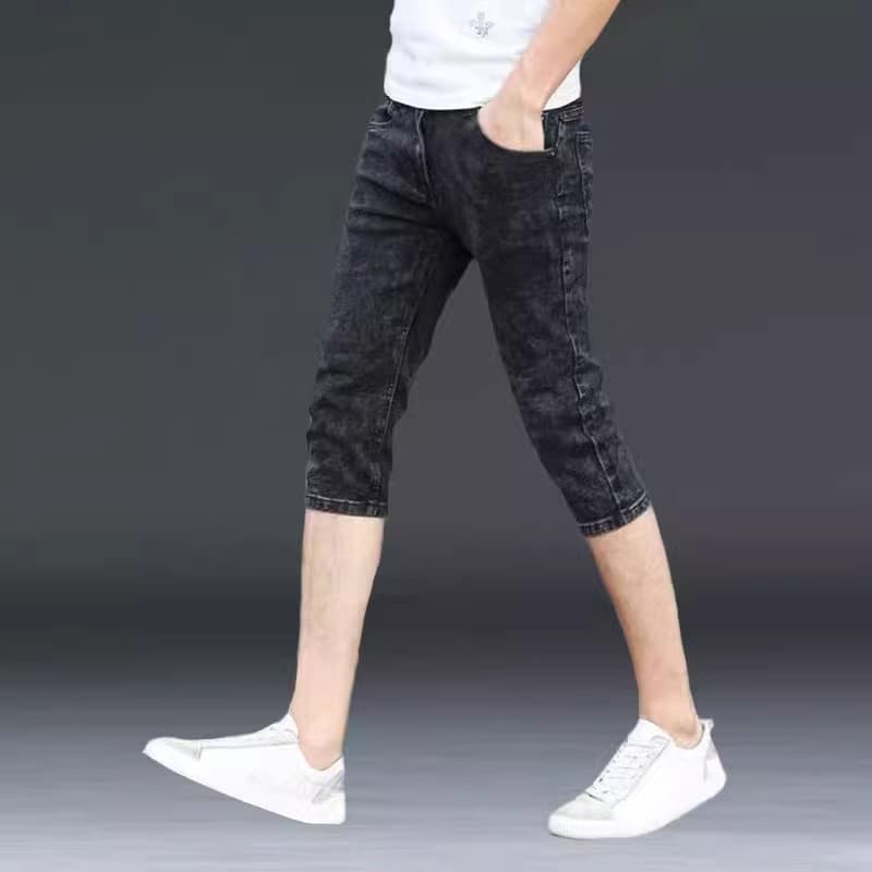 Verão masculino elástico 7 pontos Denim Shorts masculino fino ajuste magro calças cortadas calças médias Retro calças ma