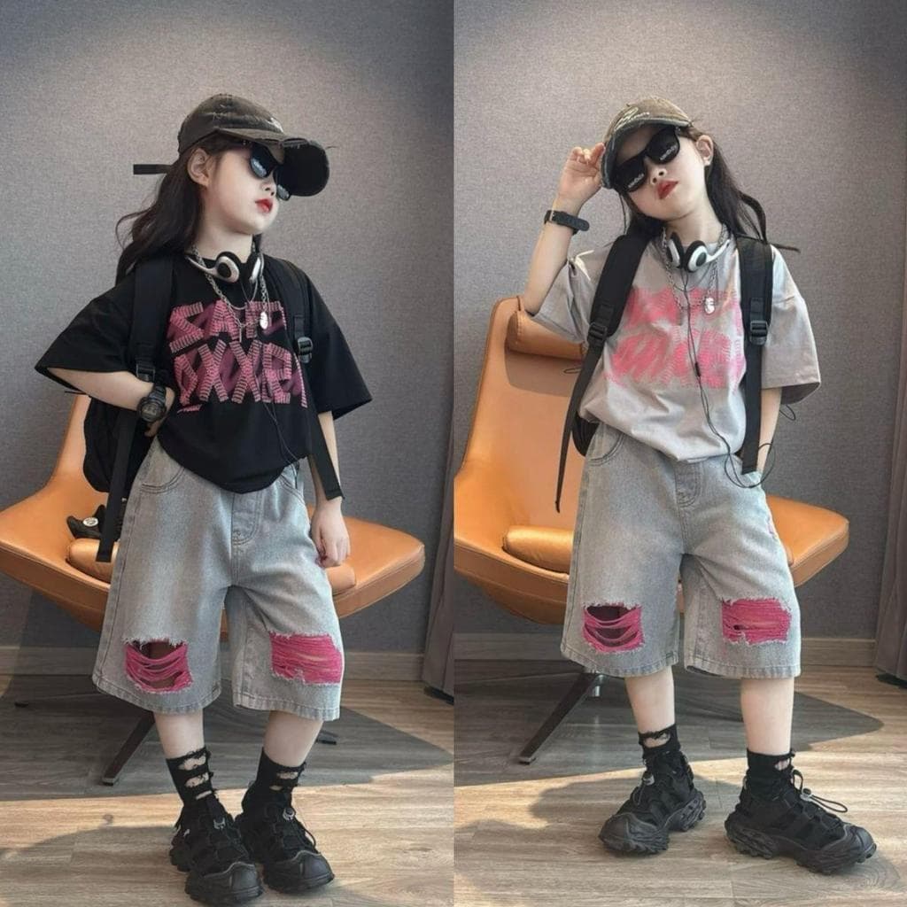 [Little Cute Wear] Meninos Meninas Verão Trendy Cool Suits Grandes Crianças Moda Tops de Manga Curta Calças Jeans Rasgad