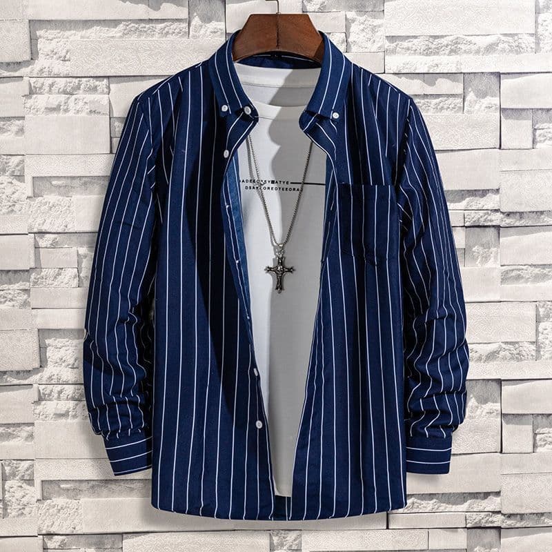 2026 Camisa de bolso Casual listrada de meia-idade, manga comprida, sem ferro