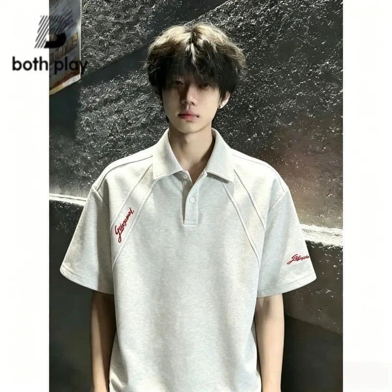 BO PLAY Flor Branca Cinza Costura Bordada Camisa de Manga Curta Masculina Verão Lapela Pesada Camiseta Meia Manga