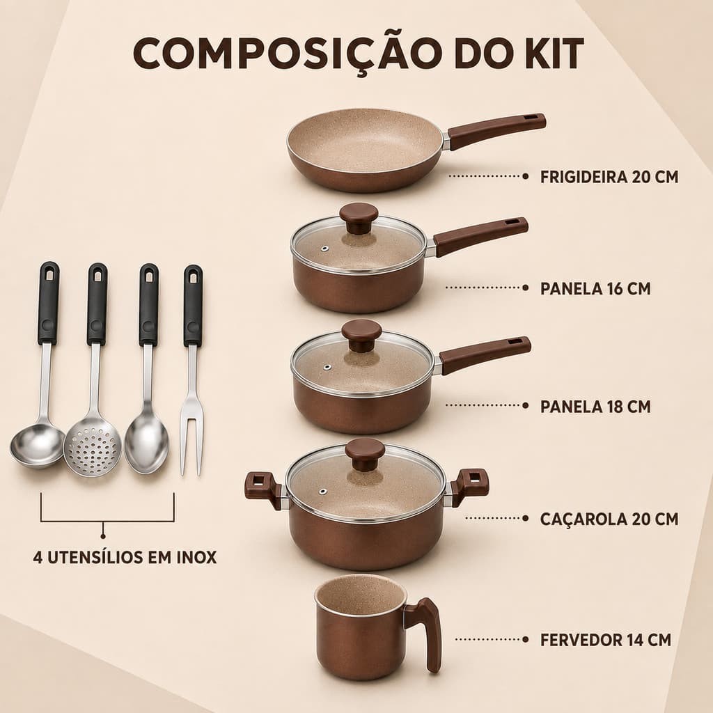 Jogo de Panelas Antiaderente 9 Peças com Tampa de Vidro Frigideira com Utensílios
