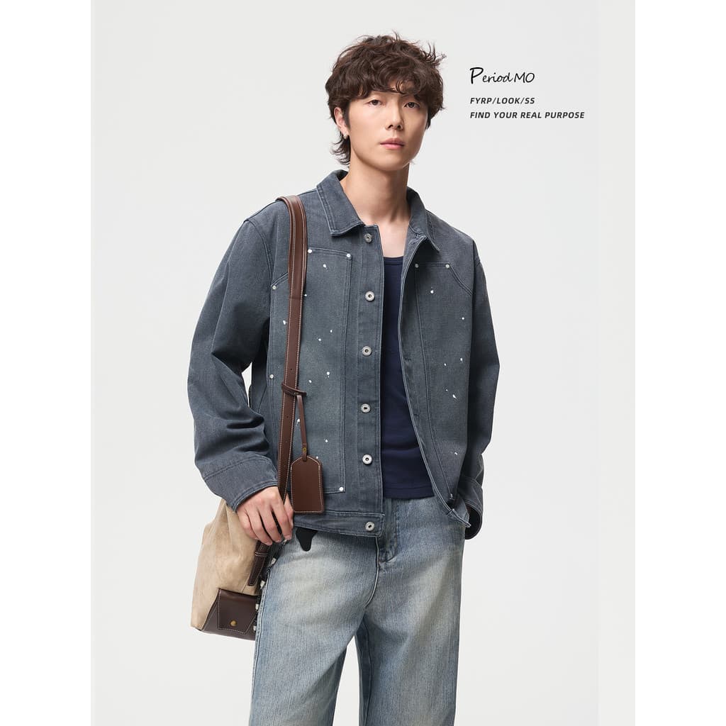 FYRP Momo Americano Retro Angustiado Patch Pocket Design Gypsophila Jaqueta Jeans Masculina Solta Jaqueta Cargo Top
