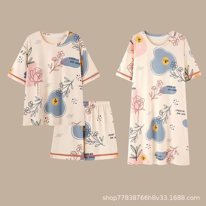 Pijamas de algodão puro senhoras verão manga curta três peças em torno do pescoço dos desenhos animados impresso camisol