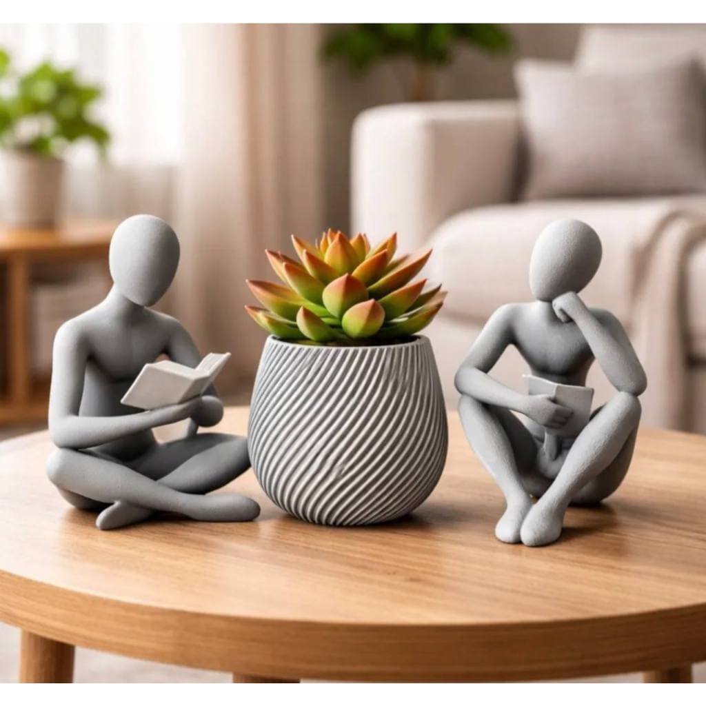 Kit Decoração Estatuetas Leitor + Pensador + Vaso Espiral Moderno Decorativo Para Sala Quarto Escritorio