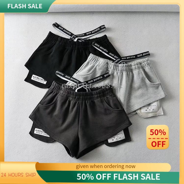 {ESTOQUE PRONTO} Shorts de cintura alta feminino verão cintura elástica cintura estreita solta perna larga Casual calças