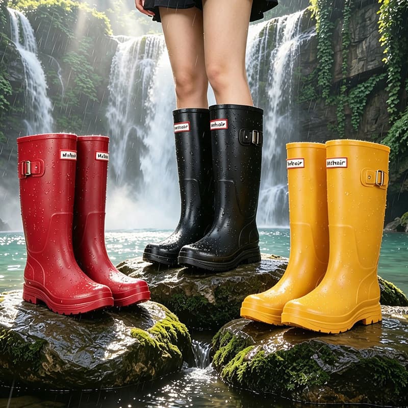 Botas de Chuva Vermelhas Impermeáveis para Caminhadas e Praia, Ecológicas, Antiderrapantes, de Sola Grossa, Cano Alto, E
