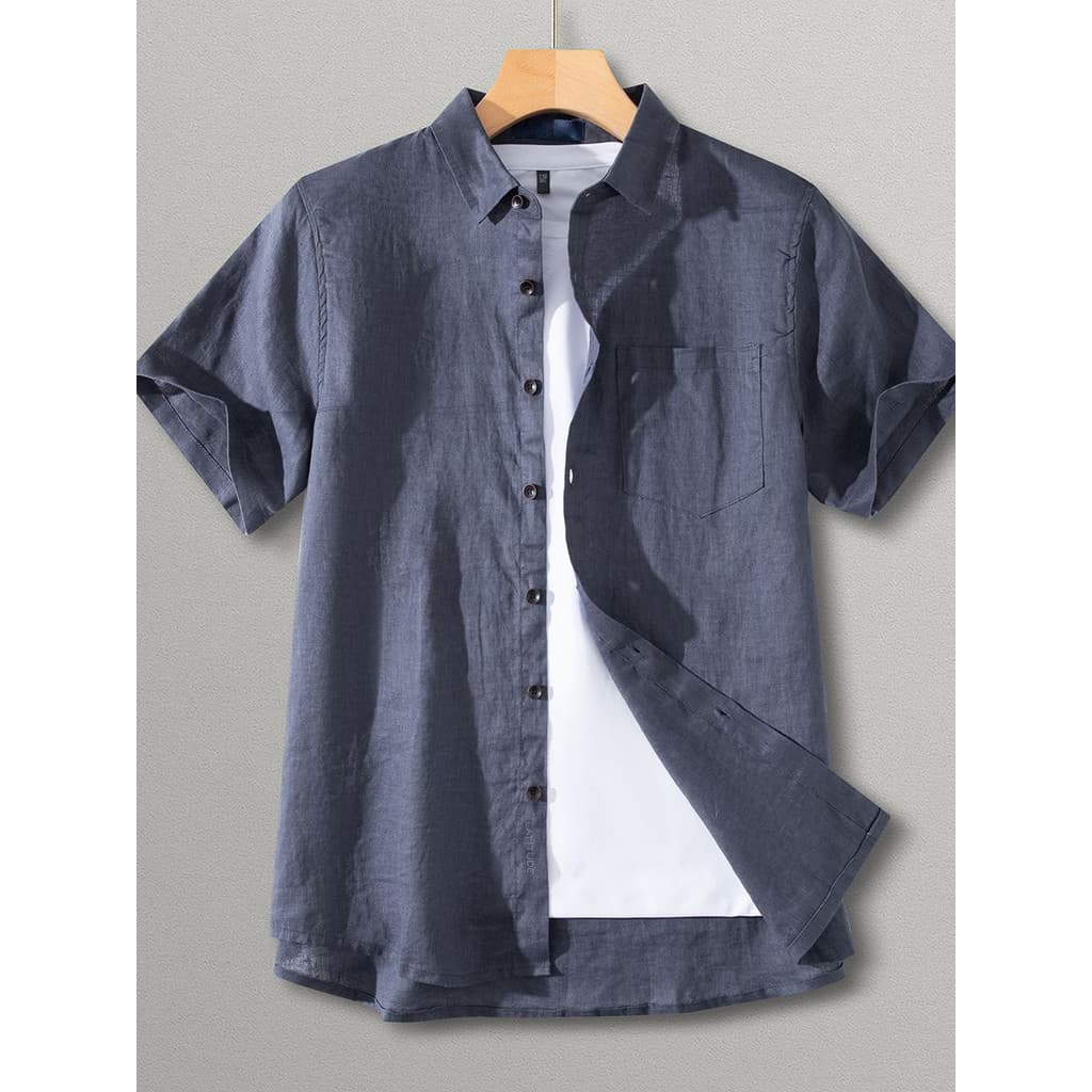 Camisa de linho puro masculina verão fino Casual camisa de manga curta masculina verão estilo dinheiro antigo camisa mas