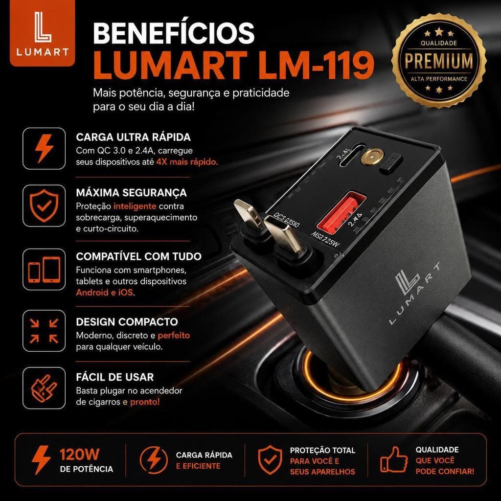Carregador Veicular 4 em 1 Retrátil 120W com Luz LED | Carga Rápida iPhone e Android