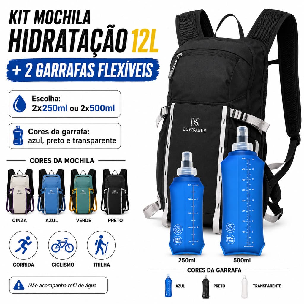 Kit Mochila Hidratação 12l + 2 Garrafas Dobraveis 250ml 500ml Combo Corrida Ciclismo Bike Trilha Trekking