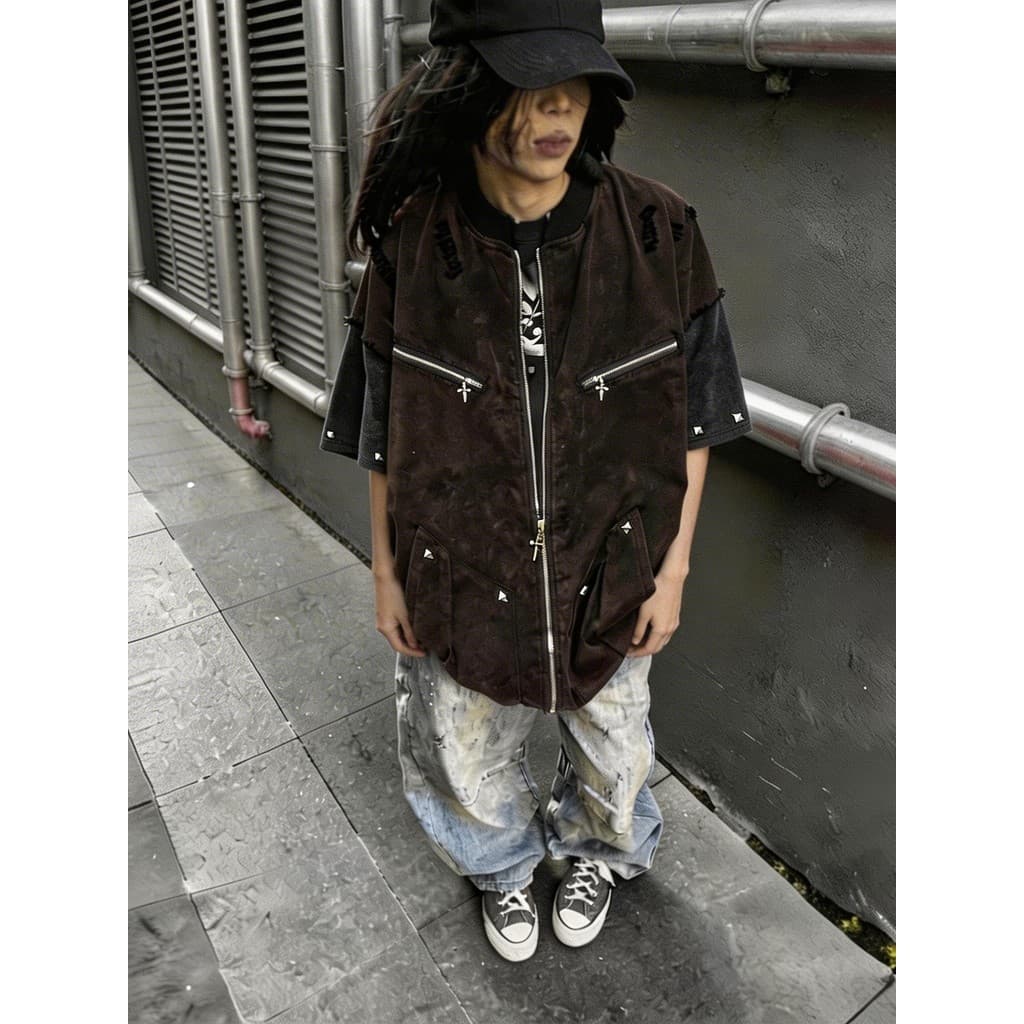 UUCSCC Hip-Hop Street Wear Workwear Camisa Cardigan de Manga Curta Retro Solta vintage Rasgado Meia Manga
