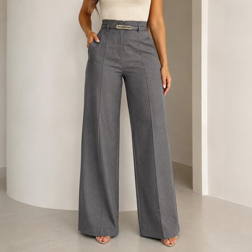 Calça Pantalona Alfaiataria Feminina Premium Social Cintura Alta Elegante Com Cinto