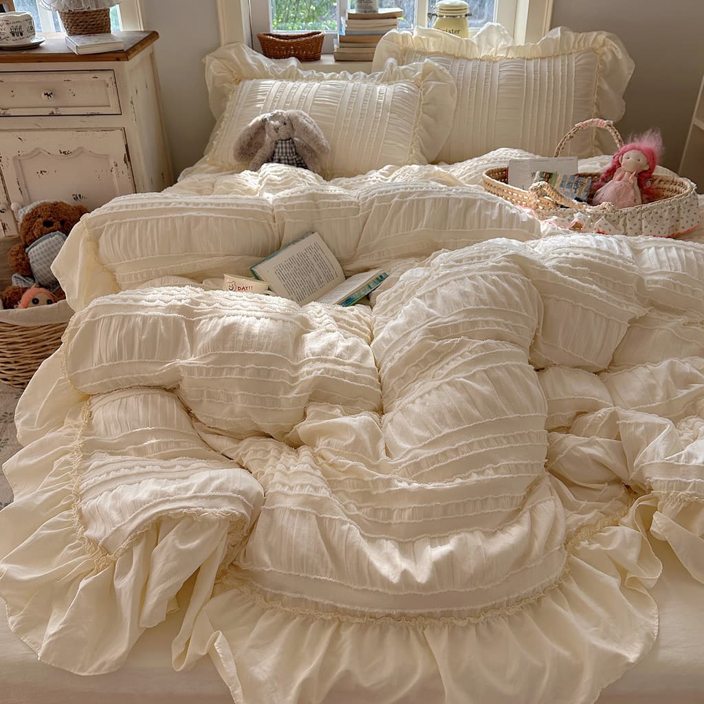 Estilo de luxo leve totalmente lavado algodão Seersucker conjunto de quatro peças corte flor colcha capa cor sólida folh