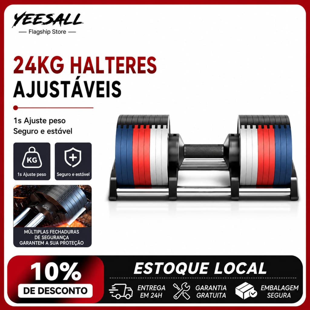 Dumbbell Halter Regulável Colorido 24Kg Com Base Elite Pro 4Kg Ajustável